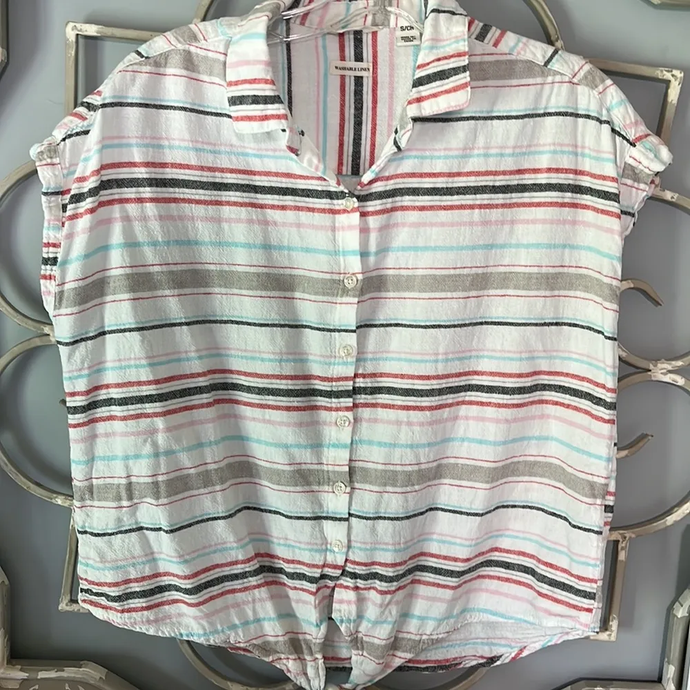 Linen Top Tie Knot Front Striped White Multi Weatherproof Vintage Shirt Womens S - Image 6
