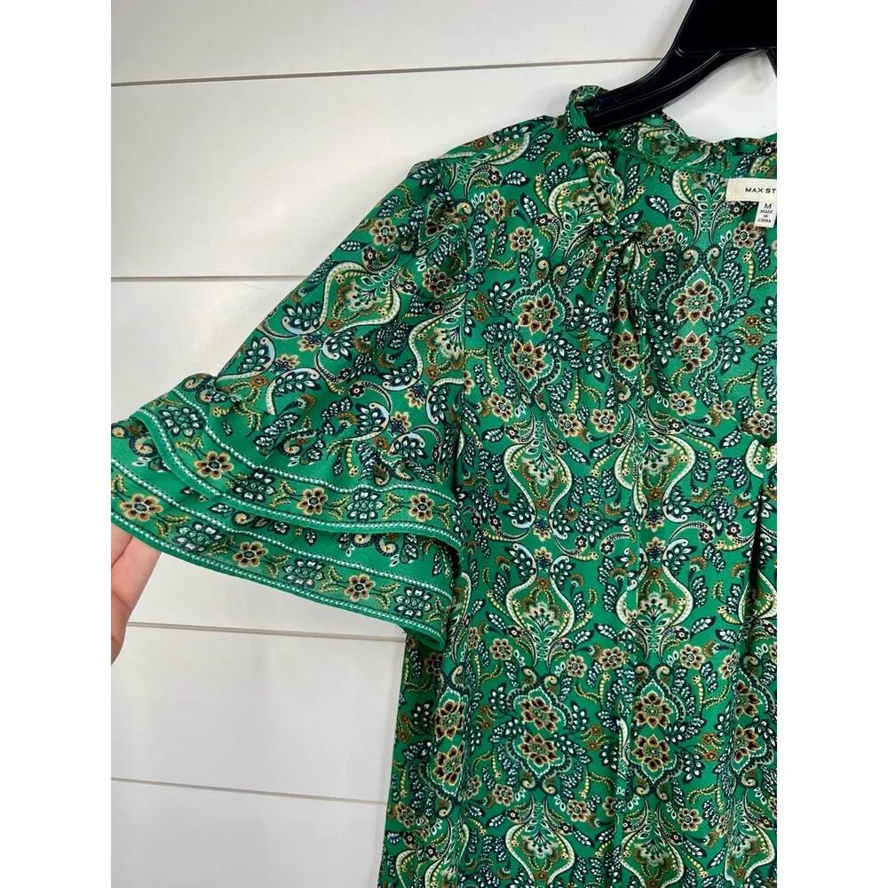 Max Studio Green  Peasant Blouse Ruffle Detail Patterned Short Sleeves Size M - Image 4