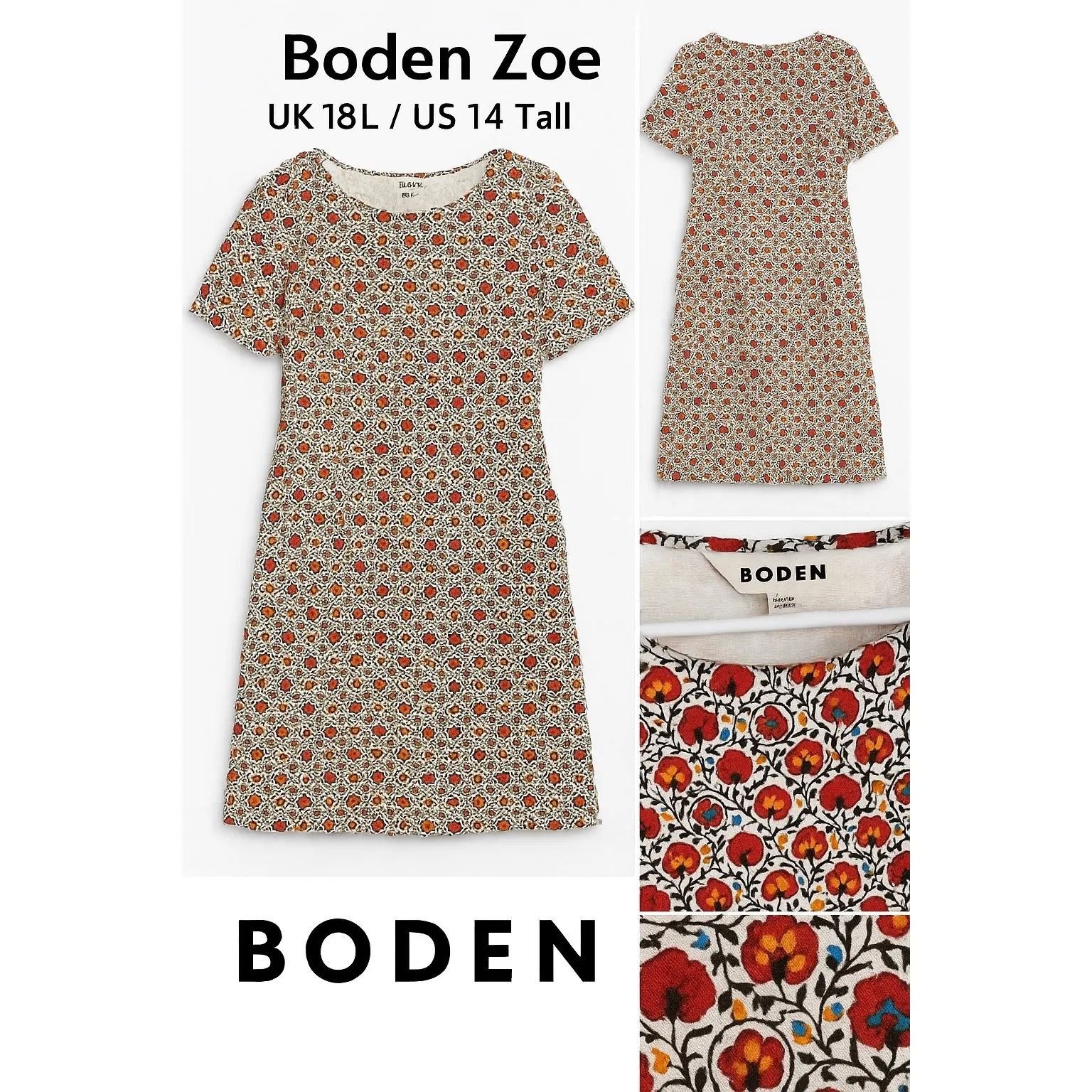 Boden Zoe Dress UK 18L / US 14 Tall – Retro Floral Shift Short Sleeve White - Image 2