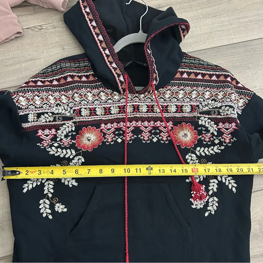 Zara Black Red Beaded Metallic Sequin Boho Embroidered Hoodie Raw Hem Sweater S - Image 12