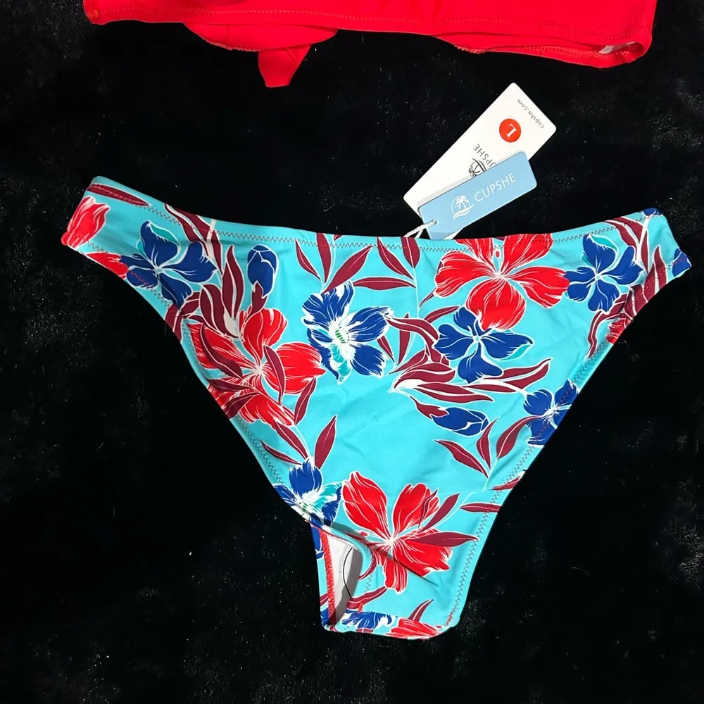 CUPSHE Women’s Red Bikini Top Floral High Waist Bottom Swimwear NWT Size L Beach - Image 11
