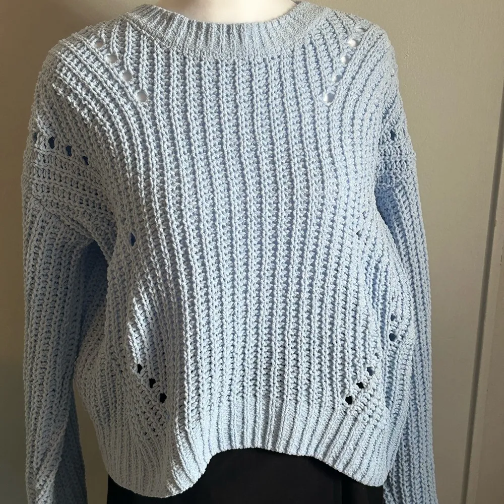 SO Chunky Knit Chenille Light Blue Slight Crop Hemline Long Sleeve Sweater - Image 2