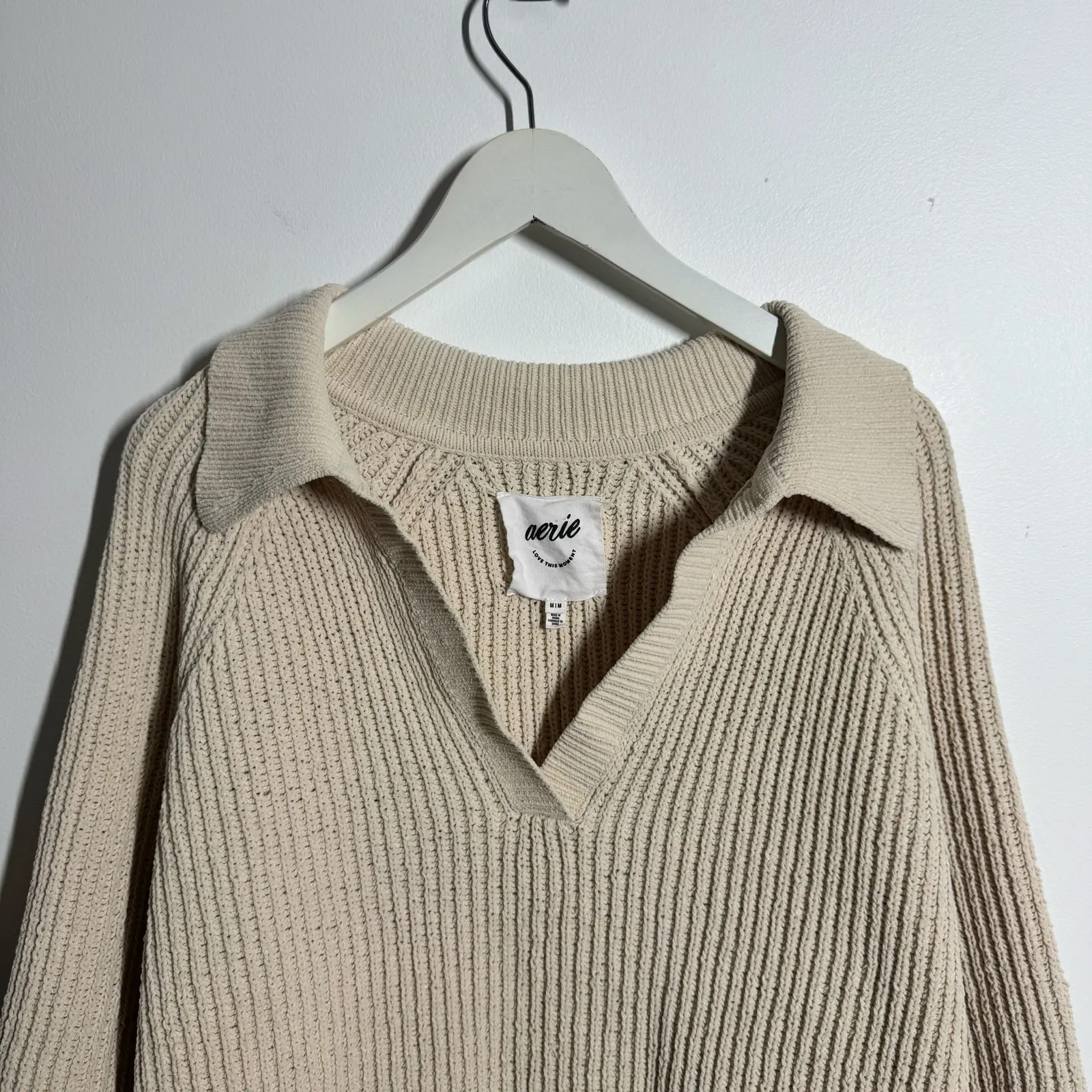 Aerie Sugar Rush Sweater Women M Cream Chunky Knit Collared Grandpacore Chenille - Image 3