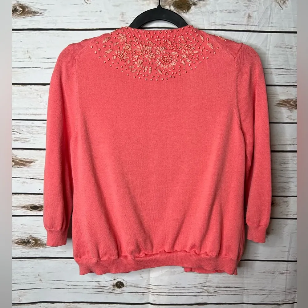 🌱Trina Turk Coral Embroidered 3/4 Sleeve Cardigan Size M - Image 2