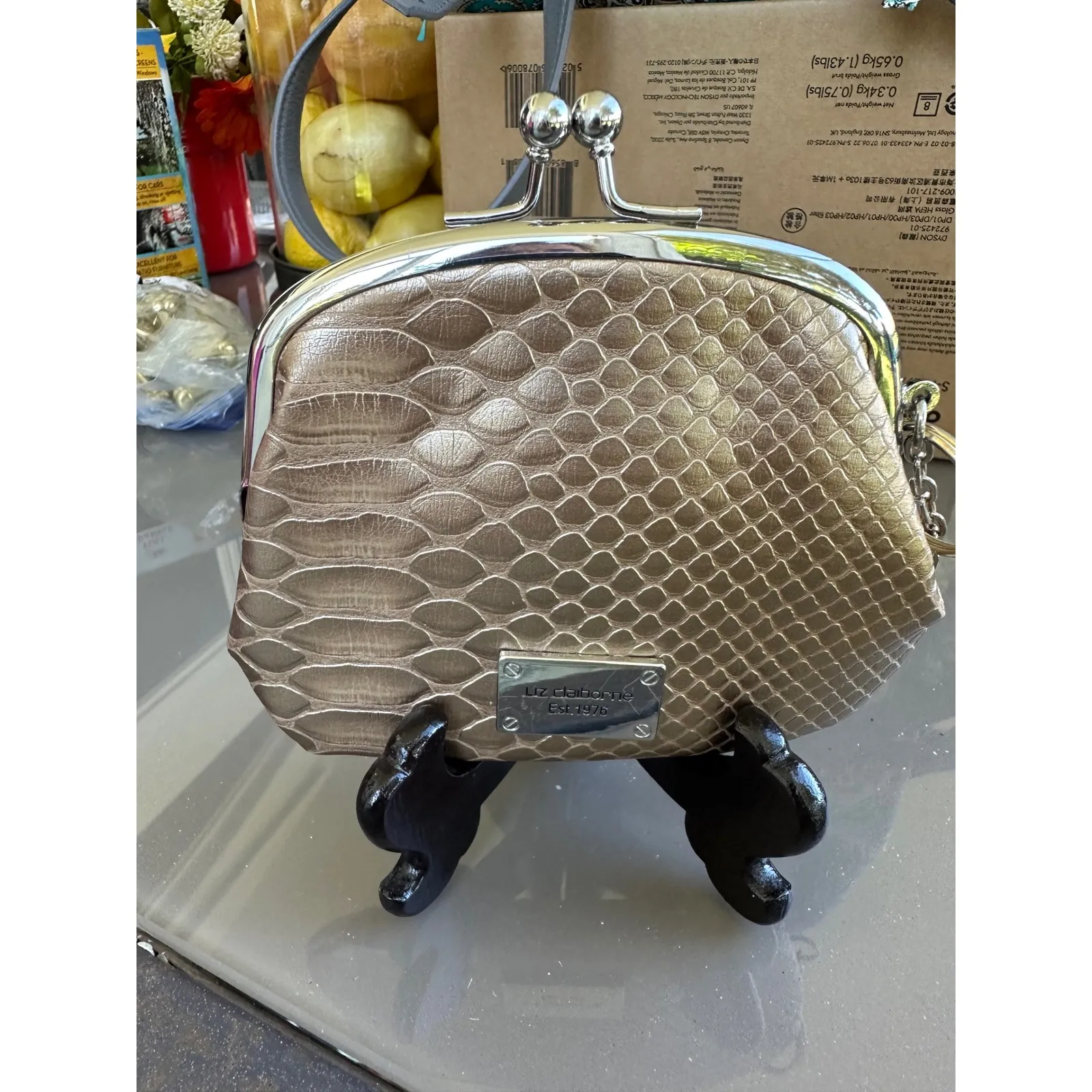 Liz Claiborne Coin Purse Kisslock‎ Snakeskin Clutch Gold - Image 3