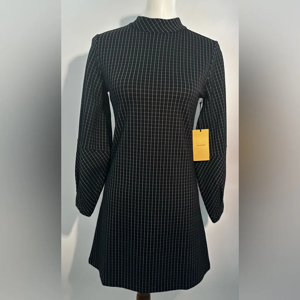 Halogen XXS Black Grid Print Shift Dress Mock Neck Long Sleeve Workwear - Image 3