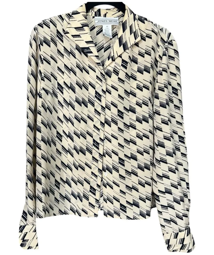 Jones Wear 100% Silk Button Down Women’s Vintage Blouse Top Black Cream Size 12 - Image 1