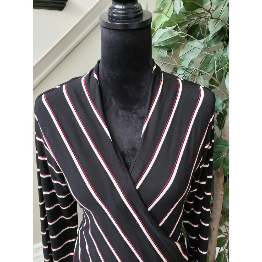 White House Black Market Blouse Top Womens Medium Black Striped Surplice Neck - Image 5