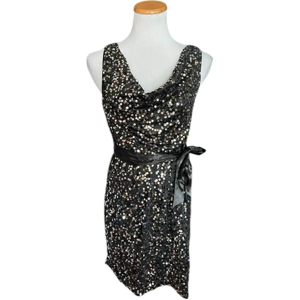 Womens Bisou Bisou Black Sequin Sleeveless Drape Party Dress w Satin Sash - Sz 4 - Image 2