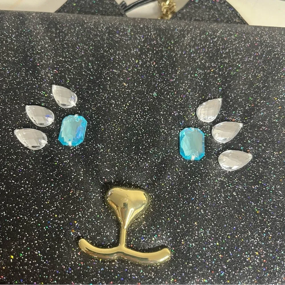 BETSEY JOHNSON Cat Crossbody Bag Glitter Rhinestone Fabric Chain Strap Luv - Image 4