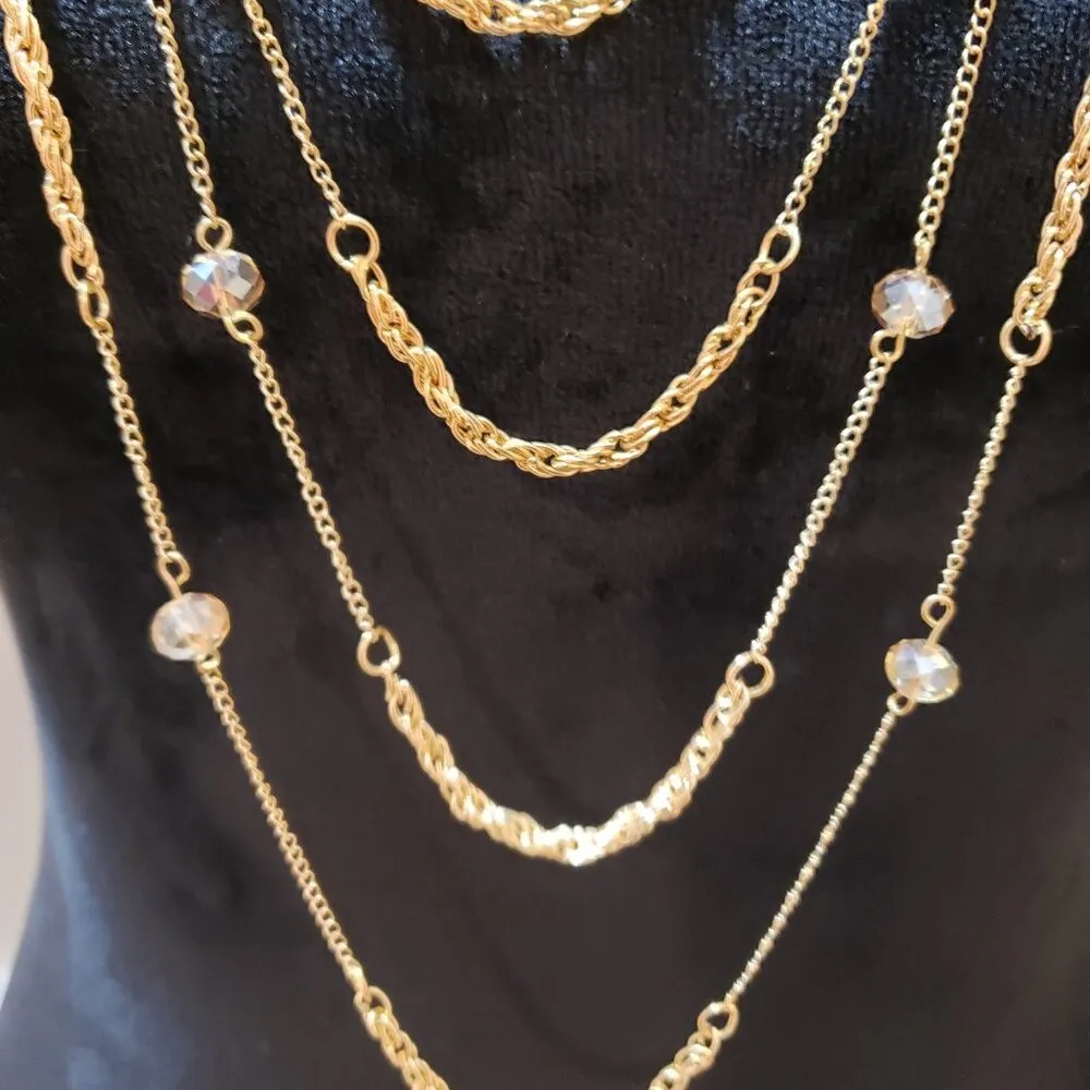 Womens Gold Tone Multilayered Round Cut Crystal Sweater Chains Necklace Lobster - Image 3