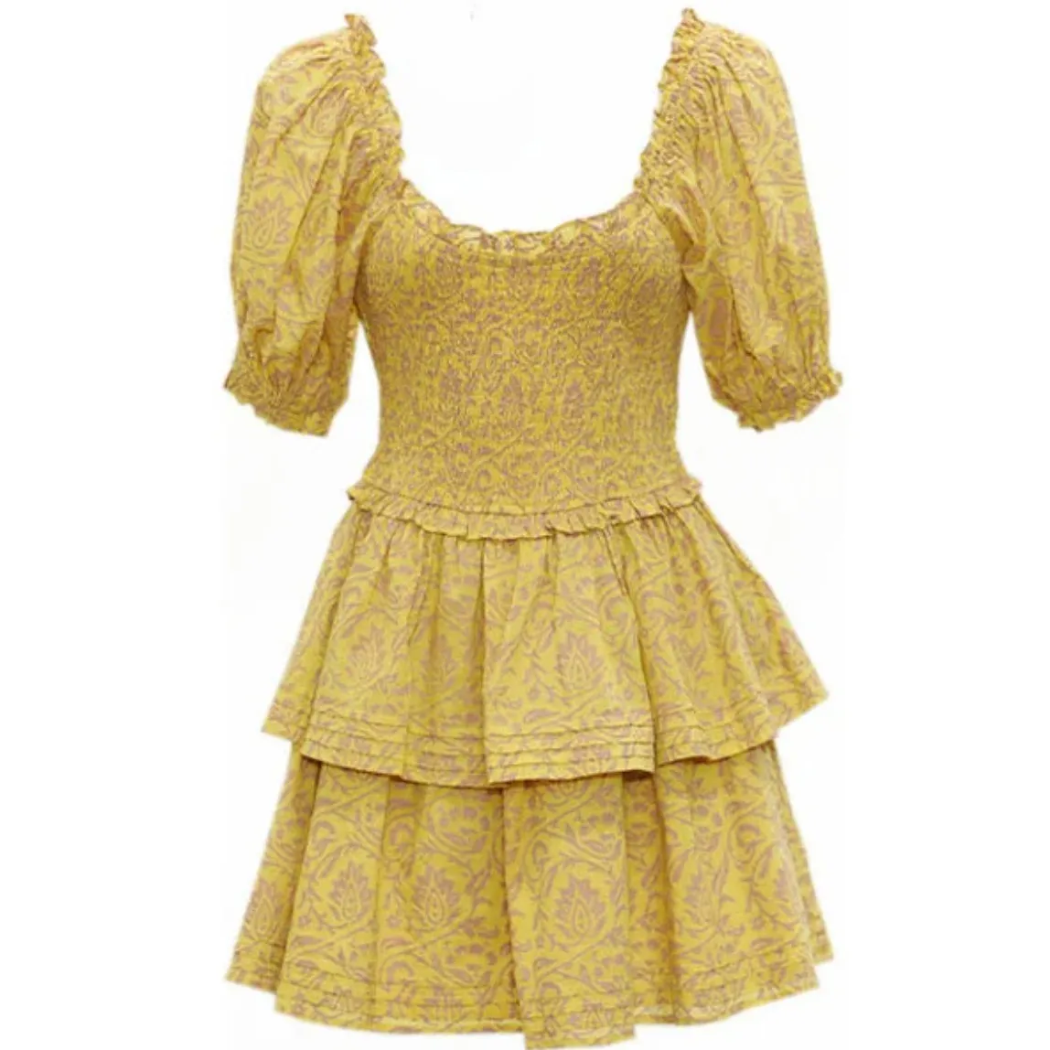 Cleobella Luna Mini Tiered Skirt Dress in Camellia Yellow Size Small - Image 2