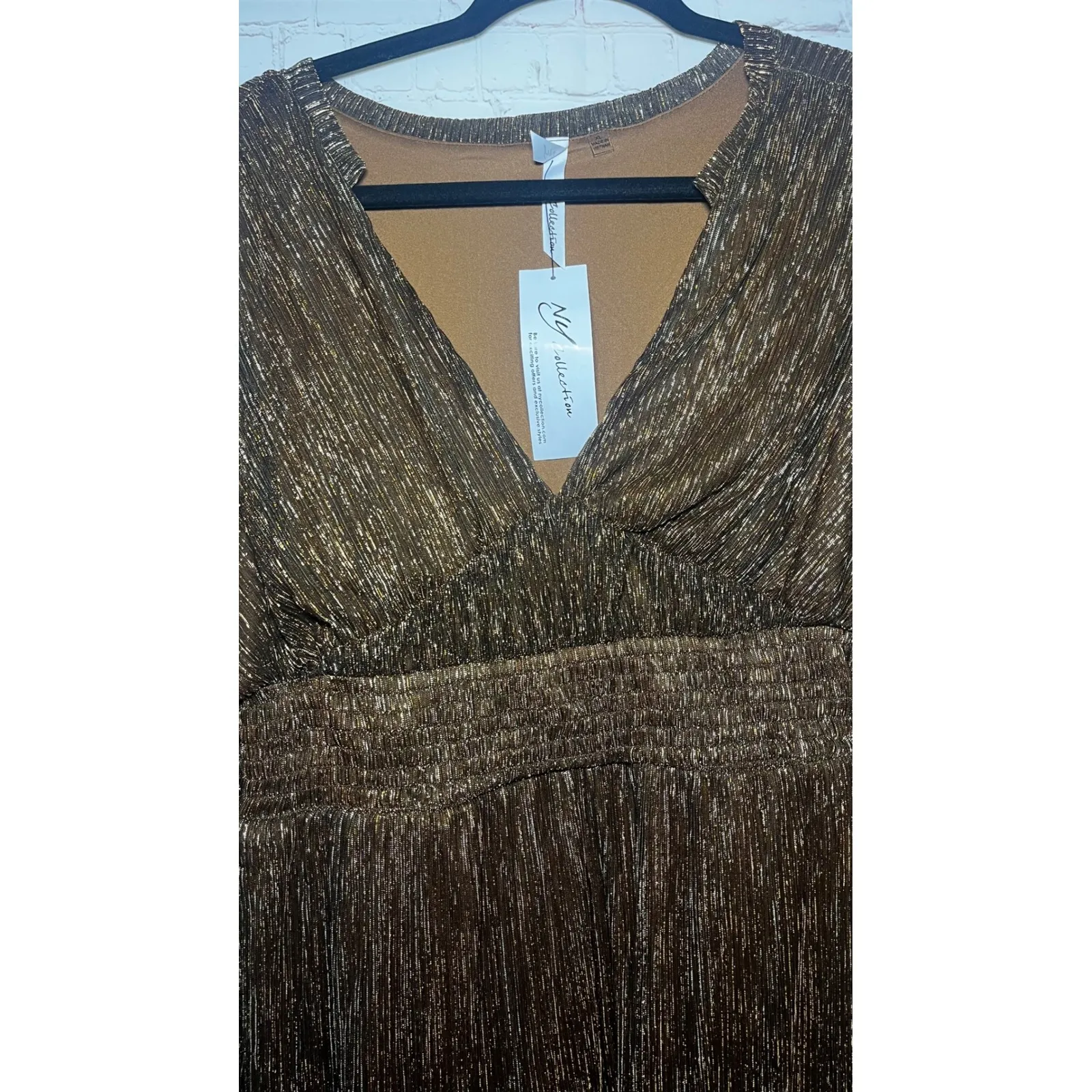 NY Collection Brown Metallic Sparkle Long Sleeve V Neck Tiered Midi Dress Sz XL - Image 7