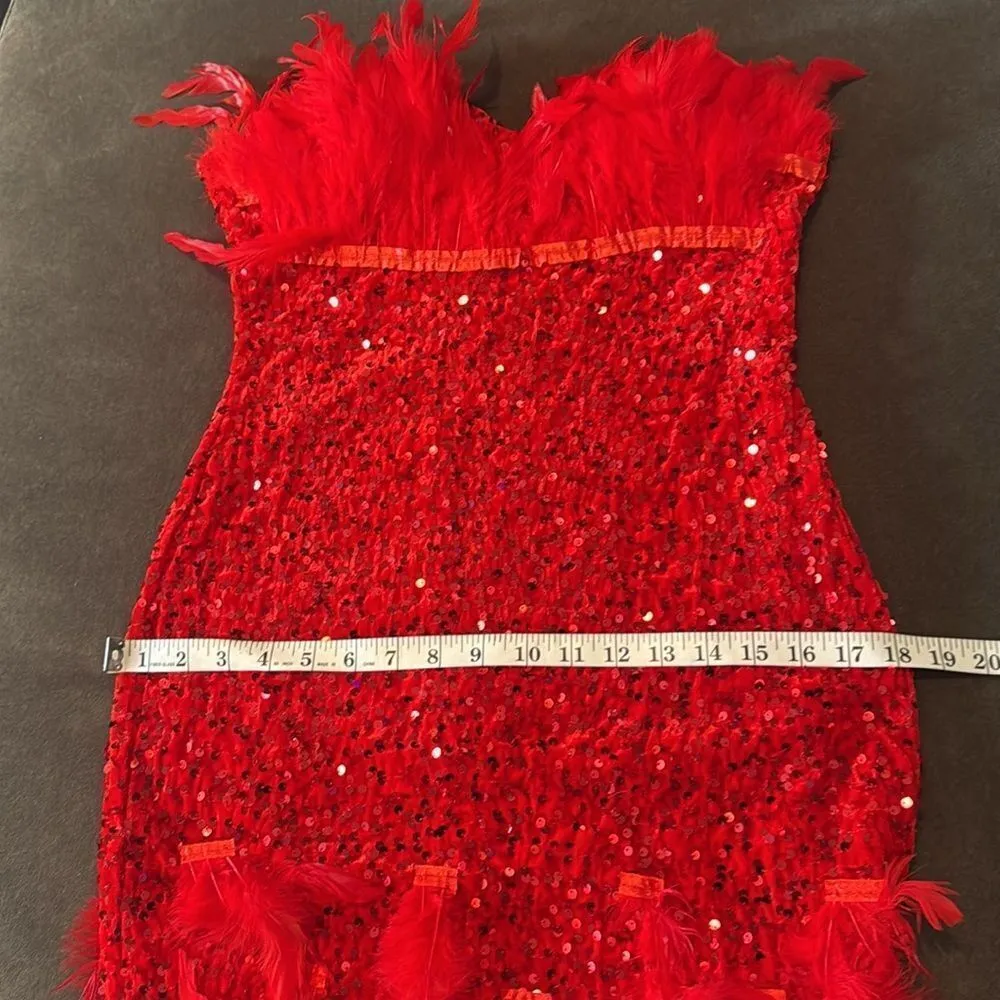 Women’s Short Red Strapless Sequined BodyCon Party Dress with Feathers Size L Size L - Image 8