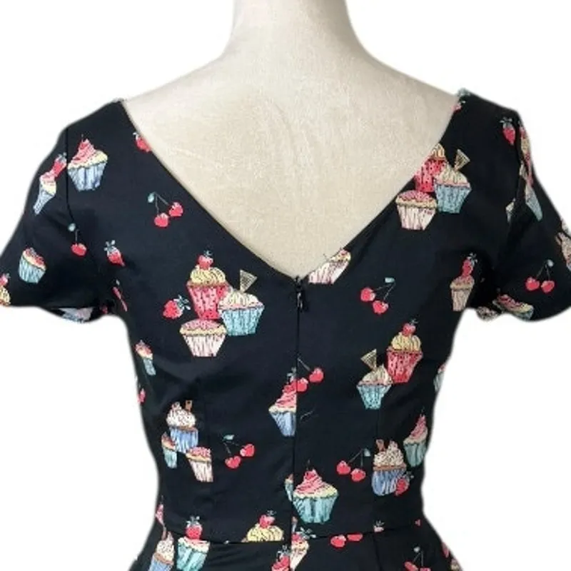 Eva Rose Black Pink Cupcake Print Fit & Flare Retro Dress Women’s Size Small - Image 9