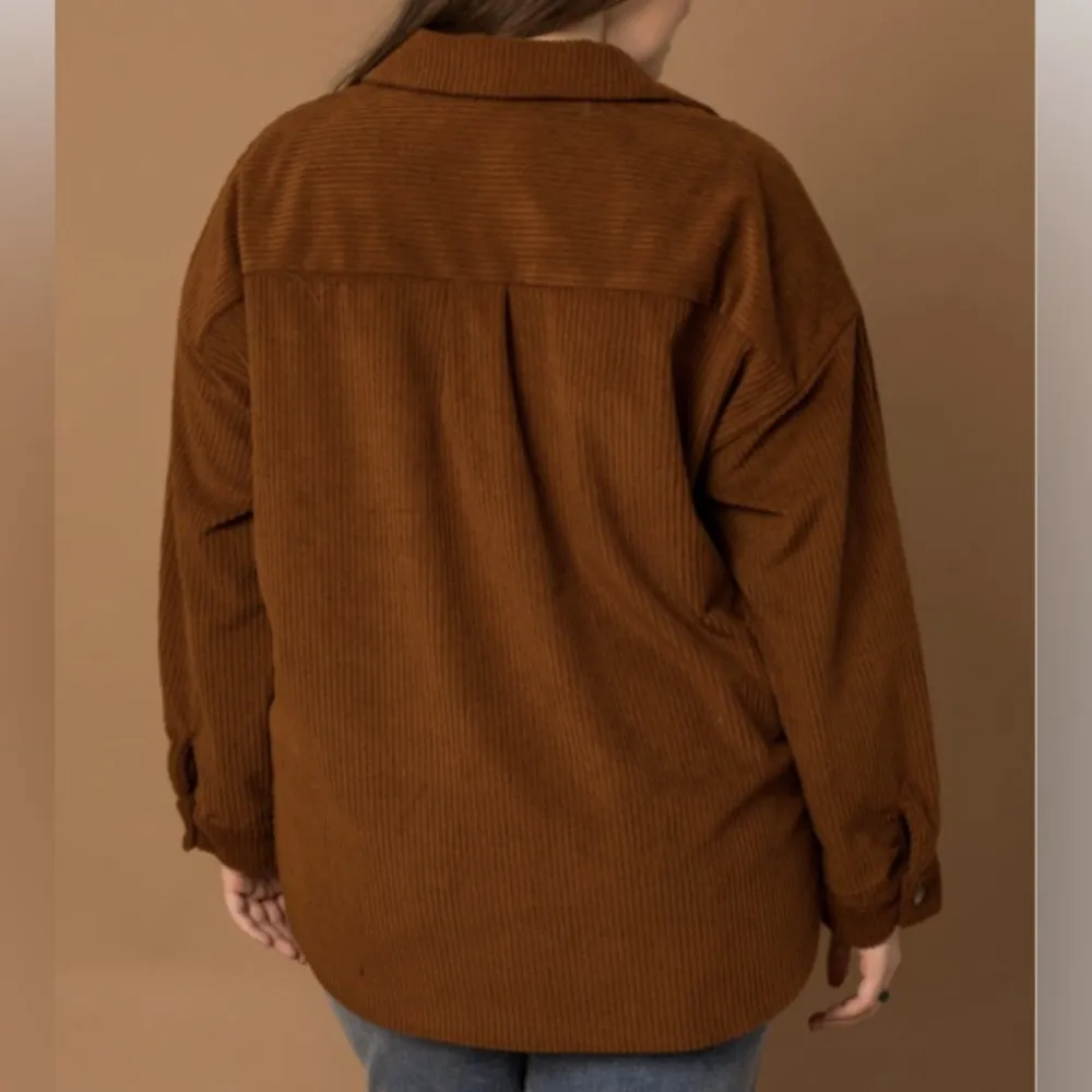 Brown Camel Button Corduroy Pocket Shacket Midweight Boho Lagenlook Genhoo Size M - Image 2