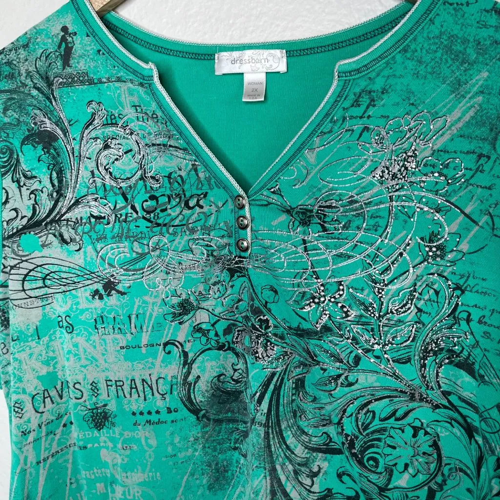 Y2k 2X Green Graphic Print Short Sleeve Cotton Top Newspaper Motif - Image 3
