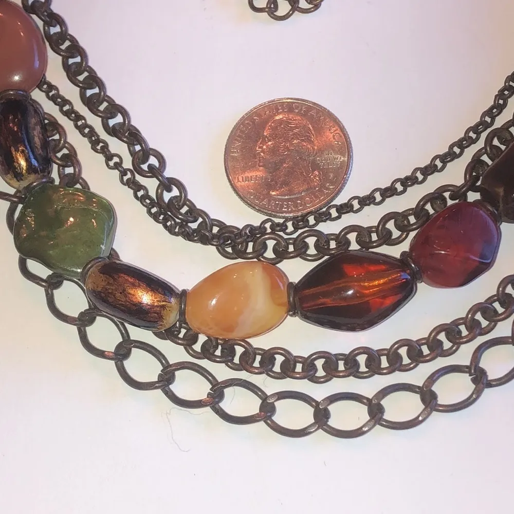 Brass Tone Bronze Tone Multi Strand Chain Beaded Boho Acrylic Beads Necklace - Image 6