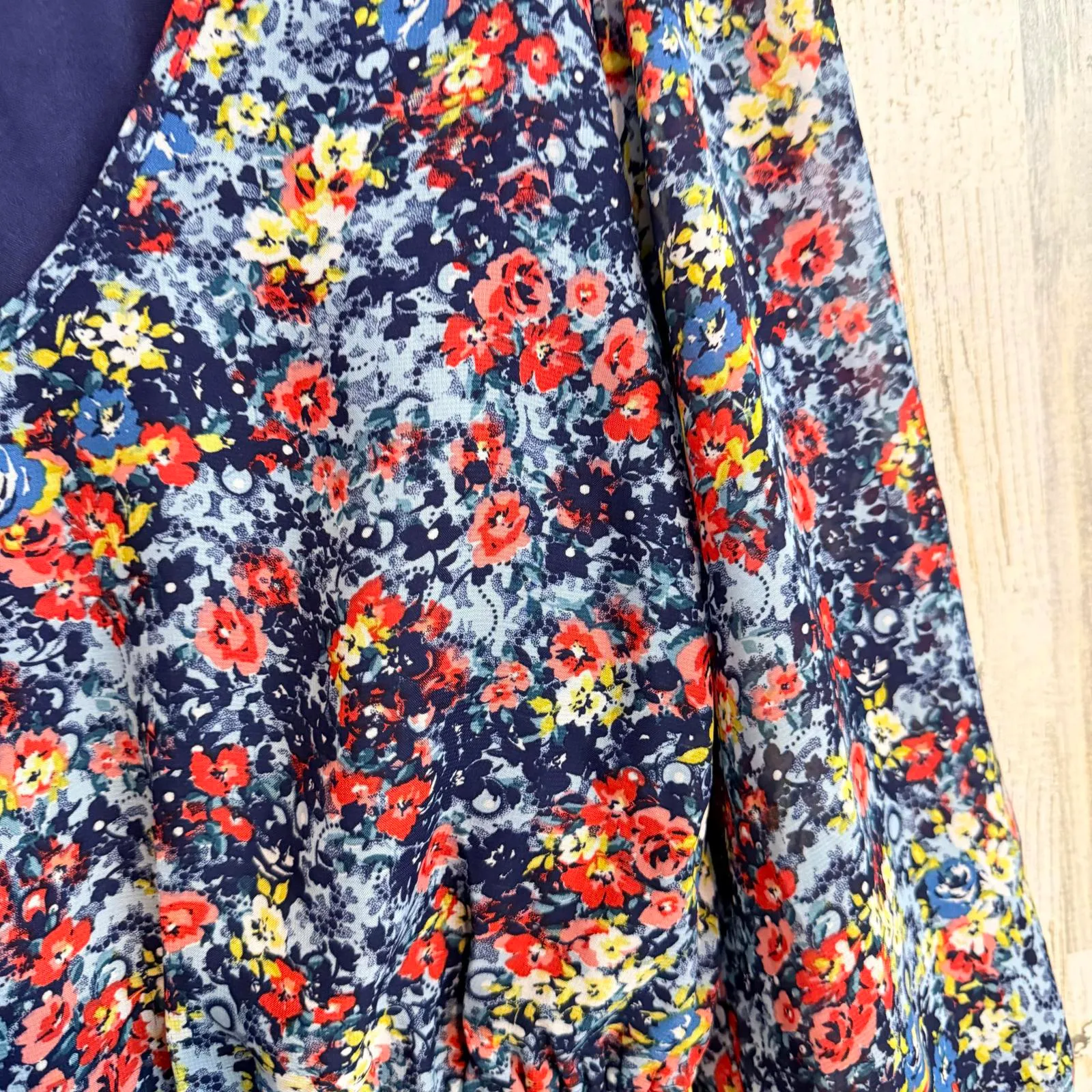 BeBop Women's XL Floral V-Neck Dress Navy Red Yellow 3/4 Sleeve Boho Fit & Flare - Image 10