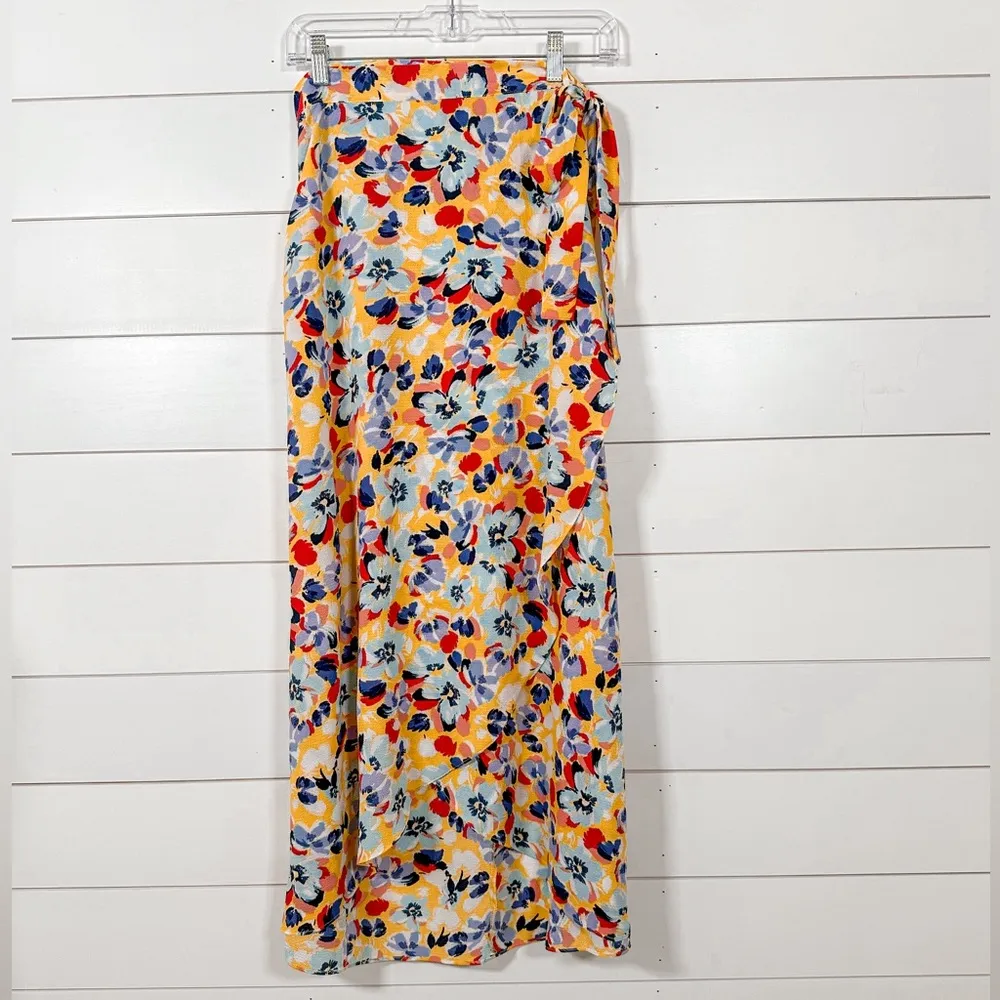 BCBGeneration Yellow Red Blue Floral Ruffle Sarong Wrap Midi Skirt, EUC, Size XS - Image 4