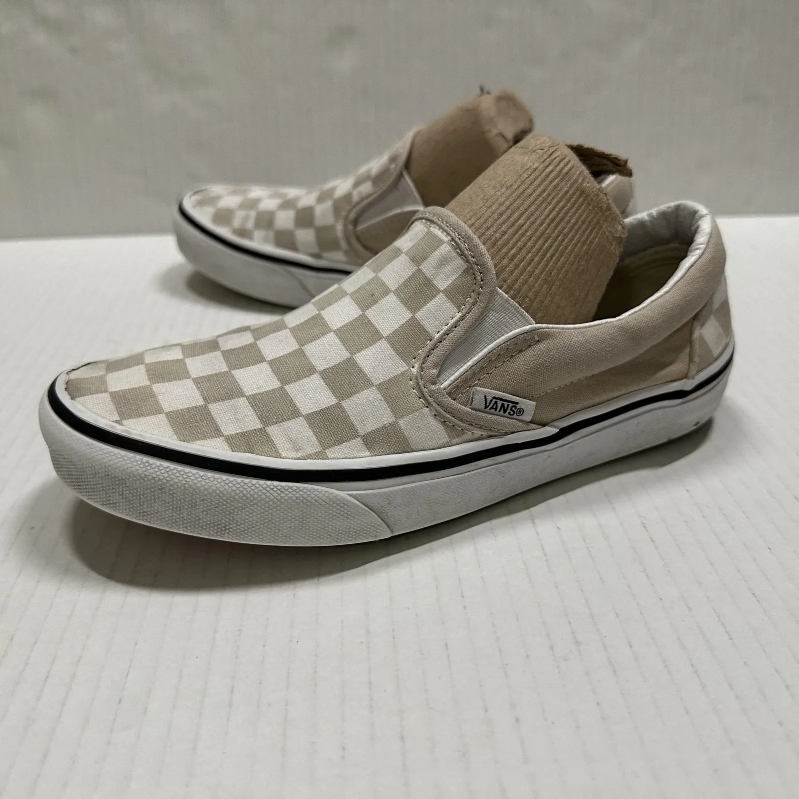 Vans Shoes Mens Size 4 W 5.5 Beige Checkerboard Slip On Skate Sneakers Canvas - Image 5