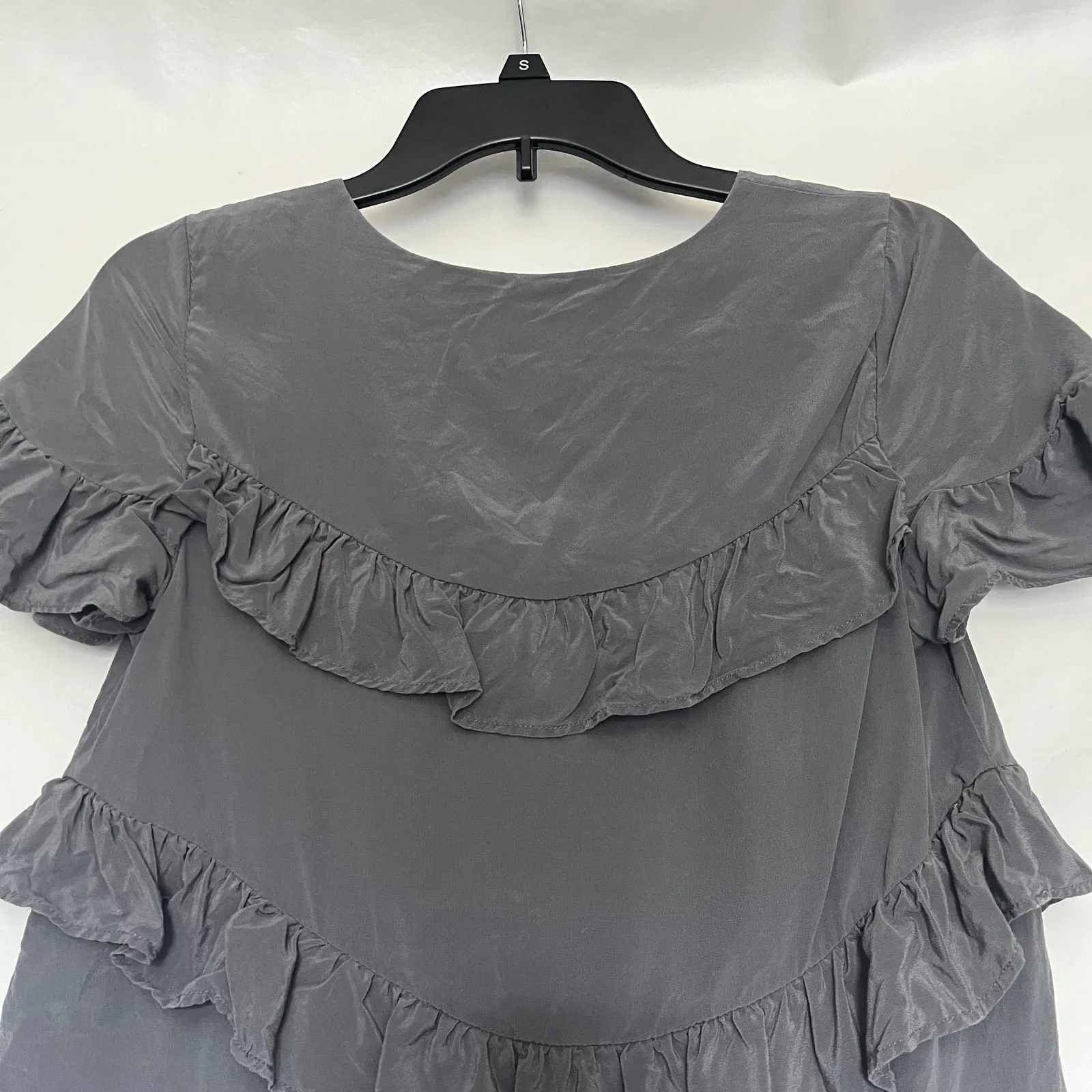 HD in Paris 100% Silk Ruffle Womens Top XS Romantic Cottagecore French Gray - Image 7