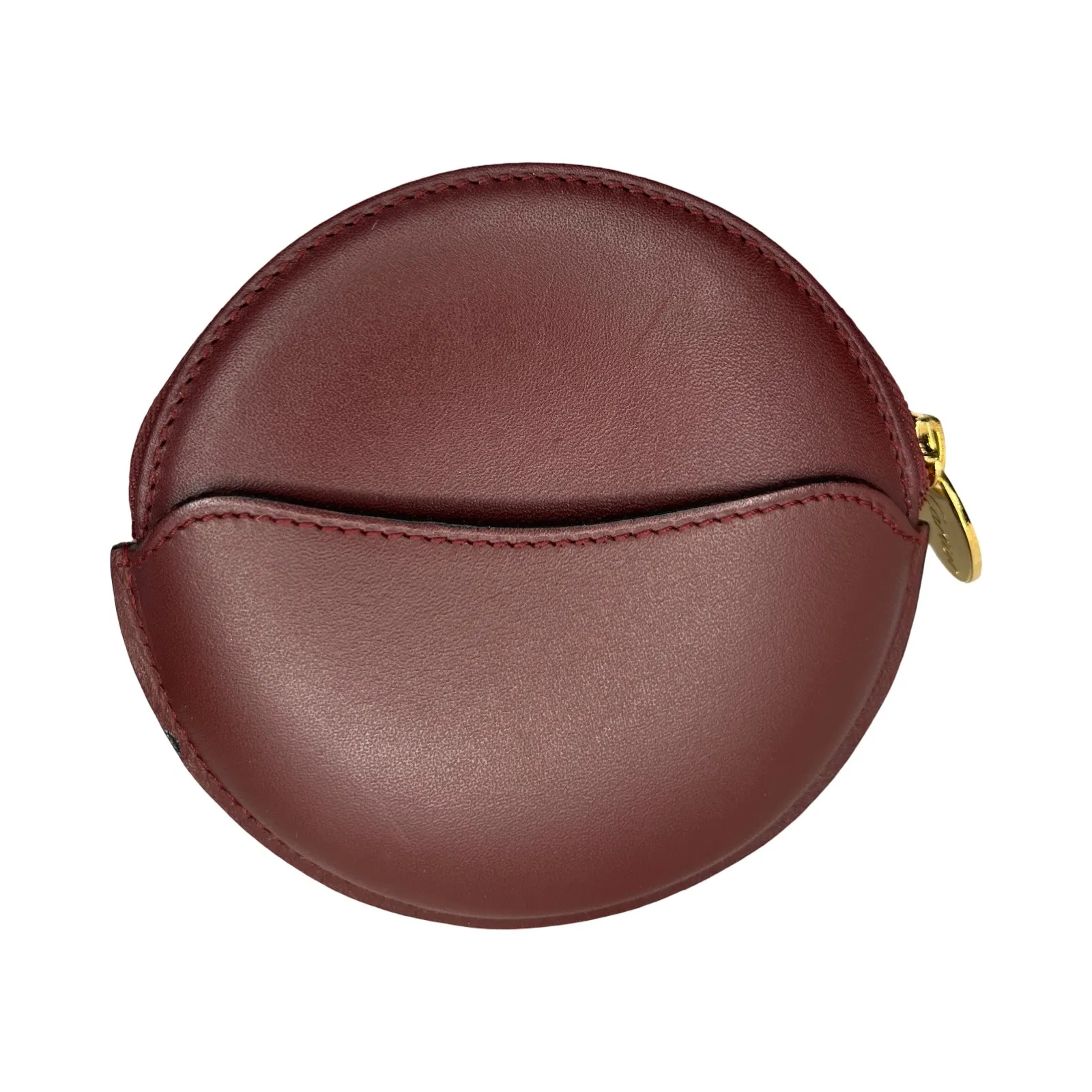 Vintage Must de Cartier Bordeaux Round Coin Purse Leather Gold Zipper Spain - Image 3