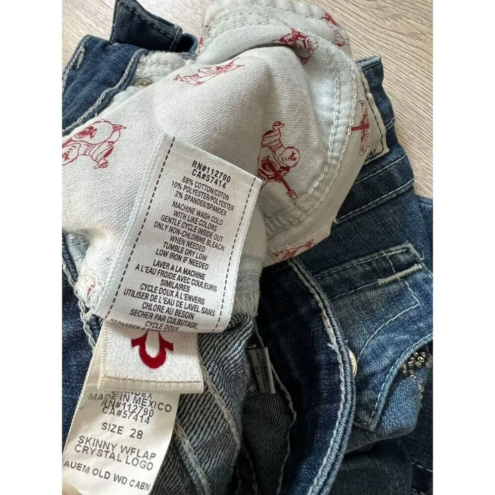 True Religion Swarovski Crystals Logo Leggings Blue Skinny Jeans Size 28 - Image 3