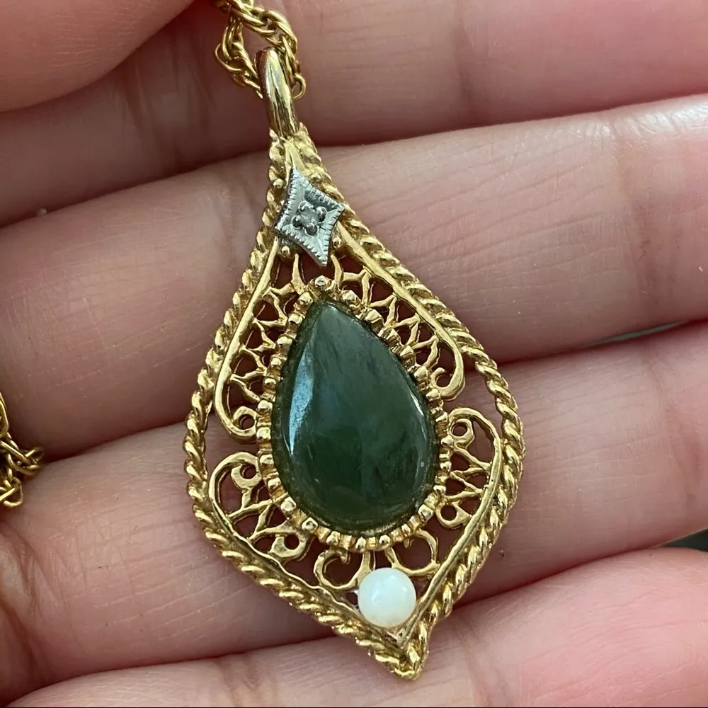 Vintage GF Filigree Jade Teardrop Diamond Necklace - Image 2