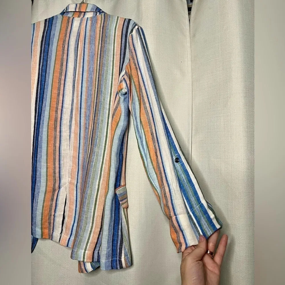 Caslon Linen Blue and Coral Striped Boyfriend Blazer XS - Image 10