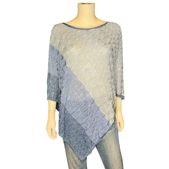 White House Black Market Metallic Blue Silver Knit Poncho Sweater Boho Chic M - Image 2