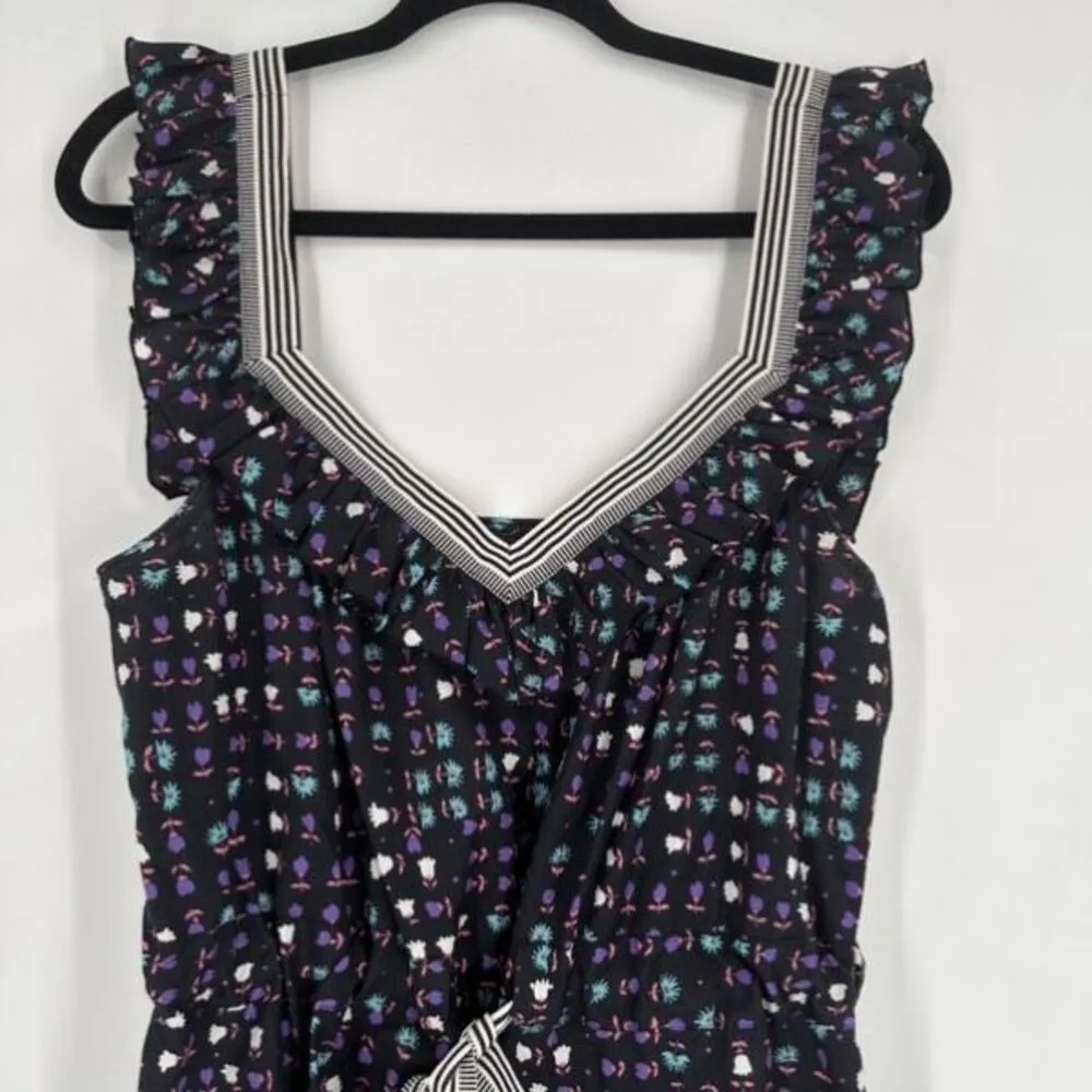 Anthropologie x Anna Sui Silk Blend Floral Dress Stripe Trim Sz 8 Black Colorful - Image 3