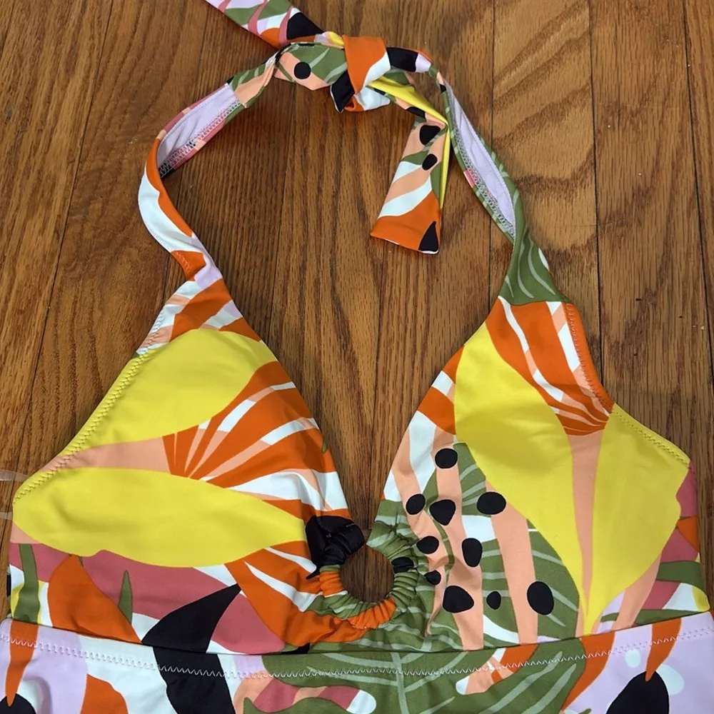 Bar III Women's‎ Ring Tie Halter Tankini Swimsuit green orange Top S NWOT - Image 5