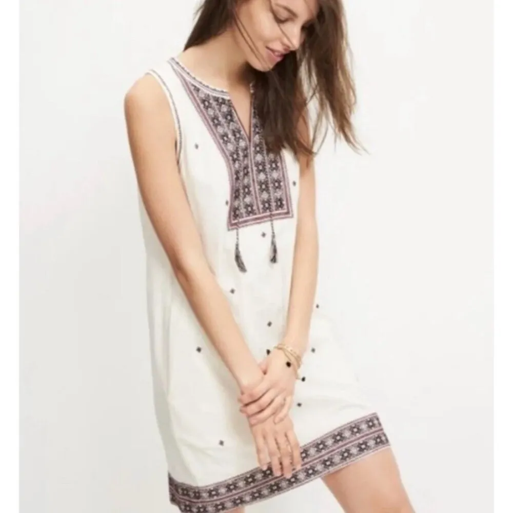 Madewell Shift Dress Women 4 Cream Red Embroidered Suncoast V Neck Boho‎ Tassle - Image 2