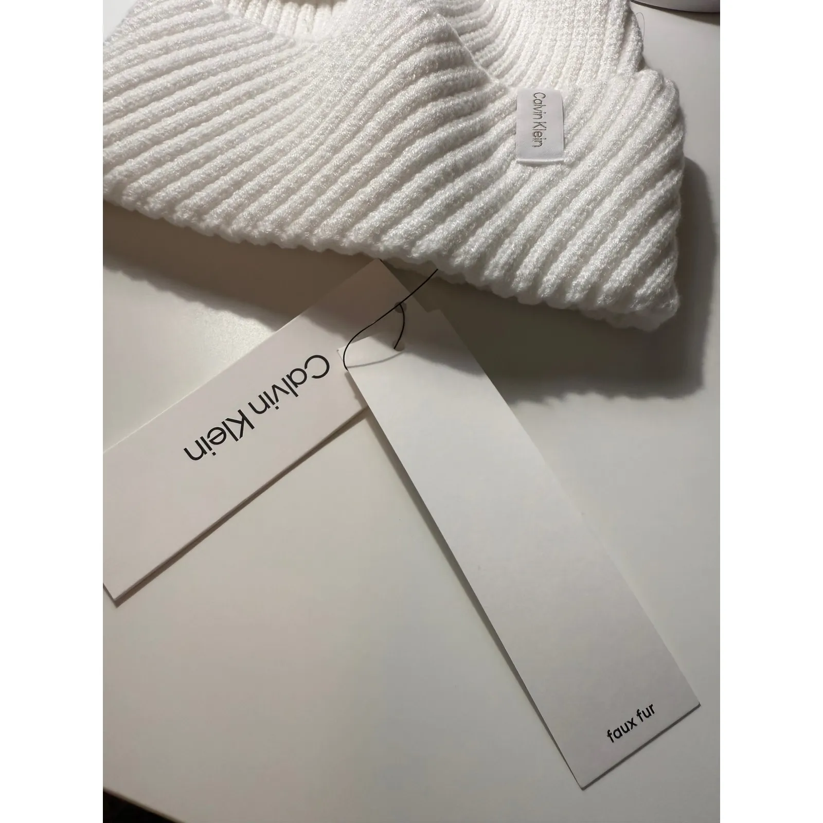 Calvin Klein Cream Faux Fur Pom Beanie | Ribbed Knit | NWT | Snow Bunny | Winter - Image 5