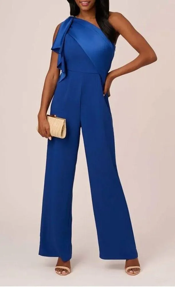 Adrianna Papell Draped One Shoulder Rhinestone Jumpsuit Royal Blue Womens Size 2 - Image 2