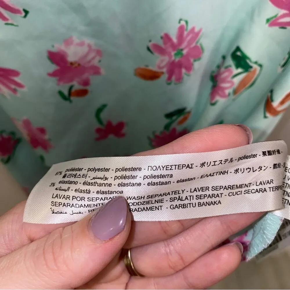 Zara Style 2157 / 046 Mint Green Pink Floral Ruffle Satin Slit Midi Dress Small - Image 16