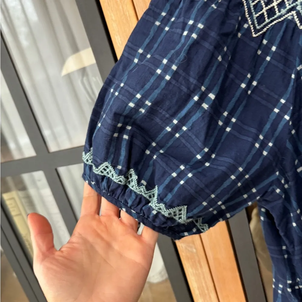 Madewell Embroidered Puff short Sleeve Babydoll Dress Indigo Plaid navy pockets - Image 8