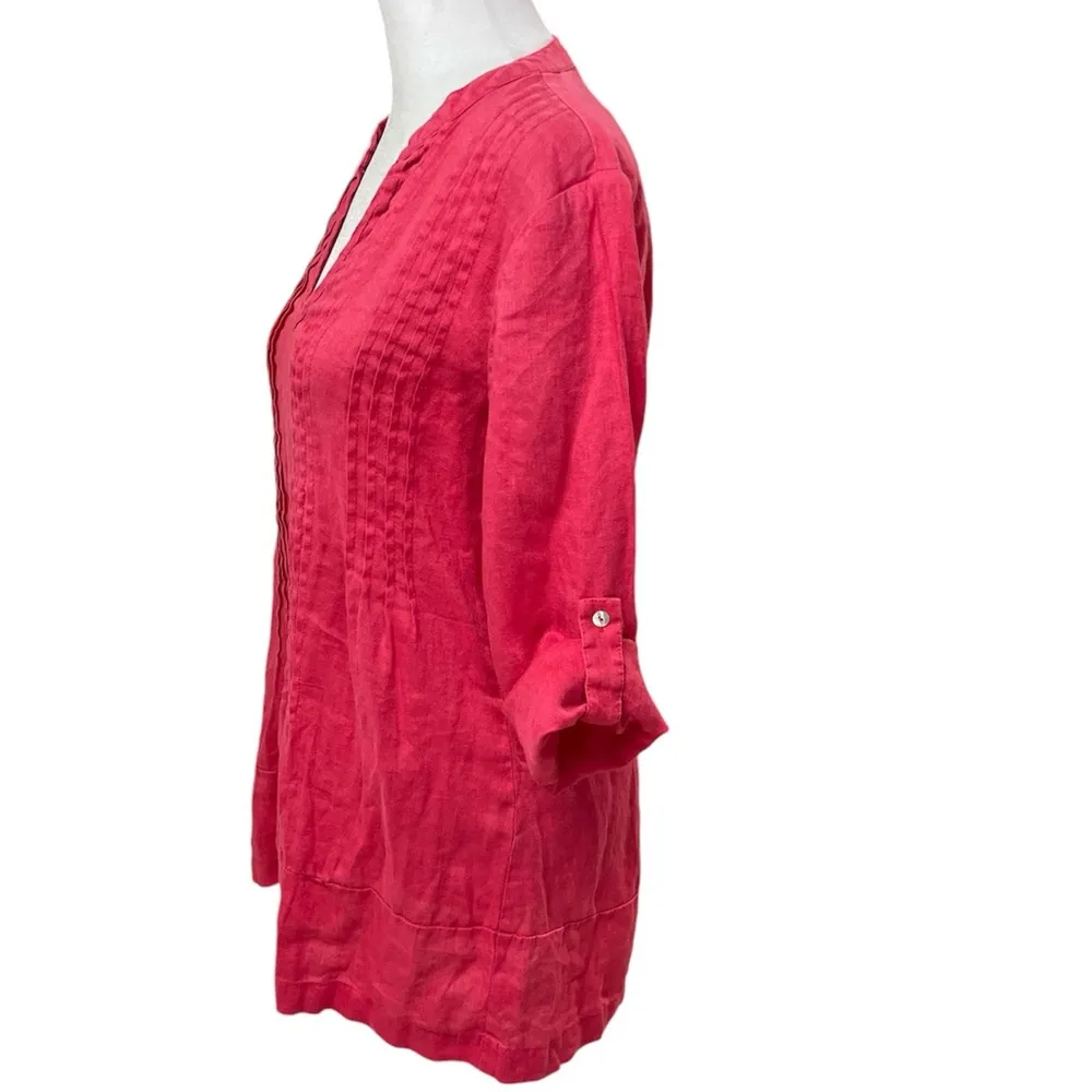 Pink 100% Linen Cuff Up Sleeves V-Neck Blouse Size Small - Image 3