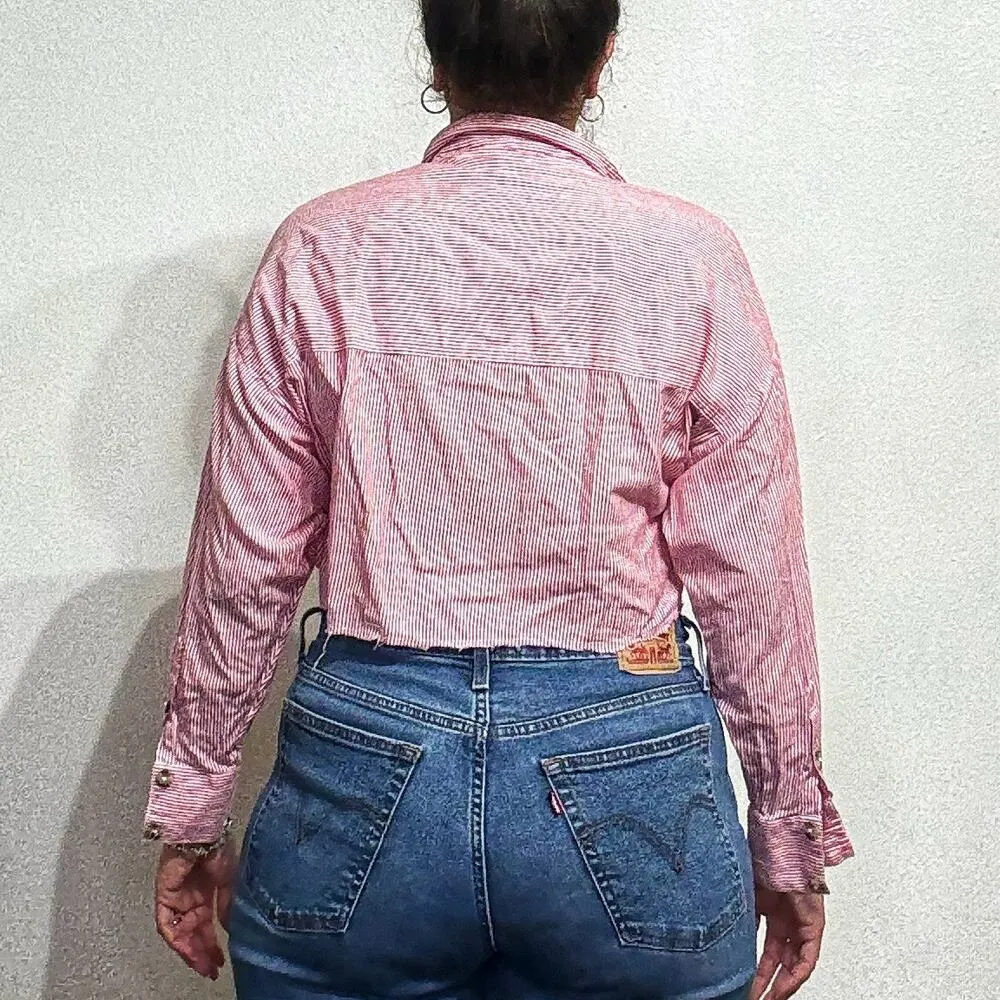 Free People Pink Striped Cropped Long Sleeve Blouse Sz XS - Image 9