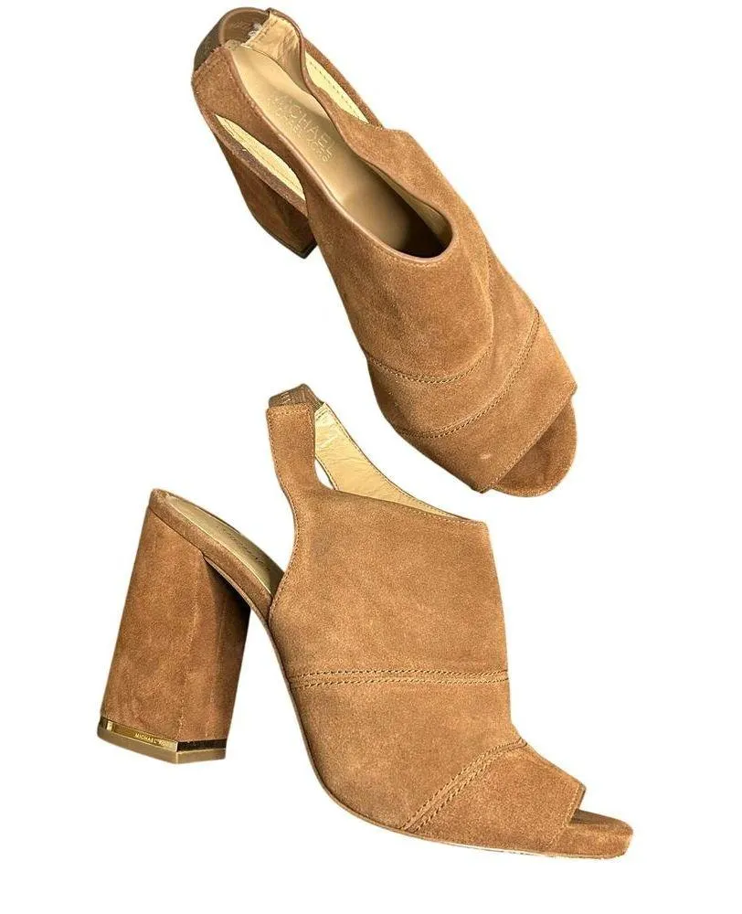 Michael Kors Chunky Peeptoe Heels Cassie Slingback Camel Brown Suede Leather 8.5 - Image 3