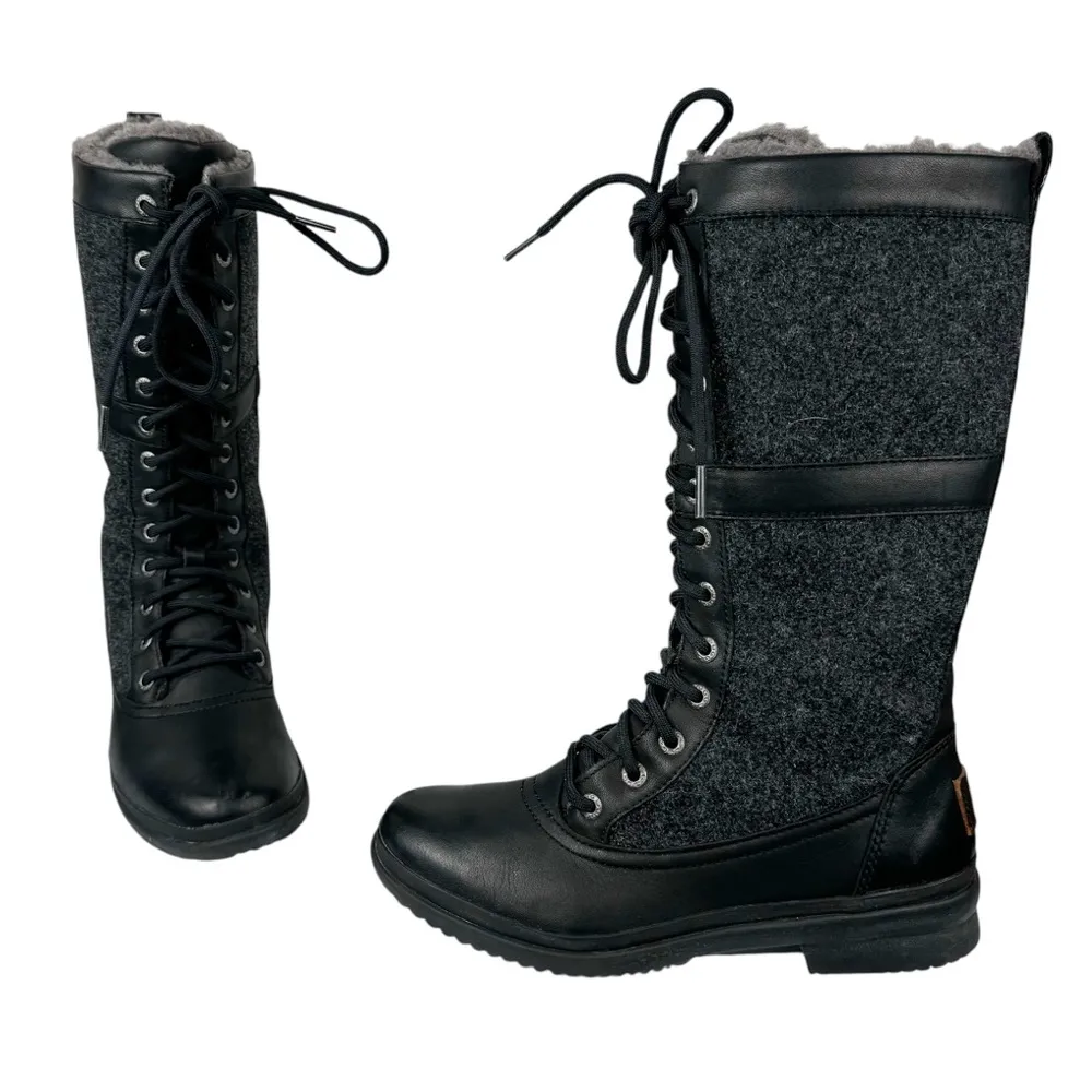 UGG Elvia Black Leather Waterproof Boots Sz 6 Knee High Lace Up Wool Lined - Image 4