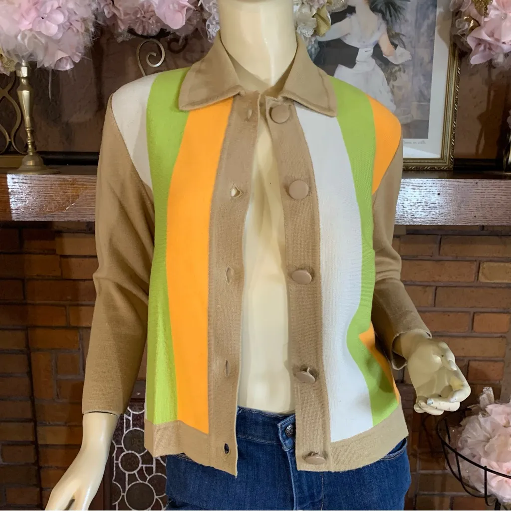 MARCO POLO IMPORTS VINTAGE 1960'S TAN, GREEN AND ORANGE WOOL CARDIGAN (10) - Image 6