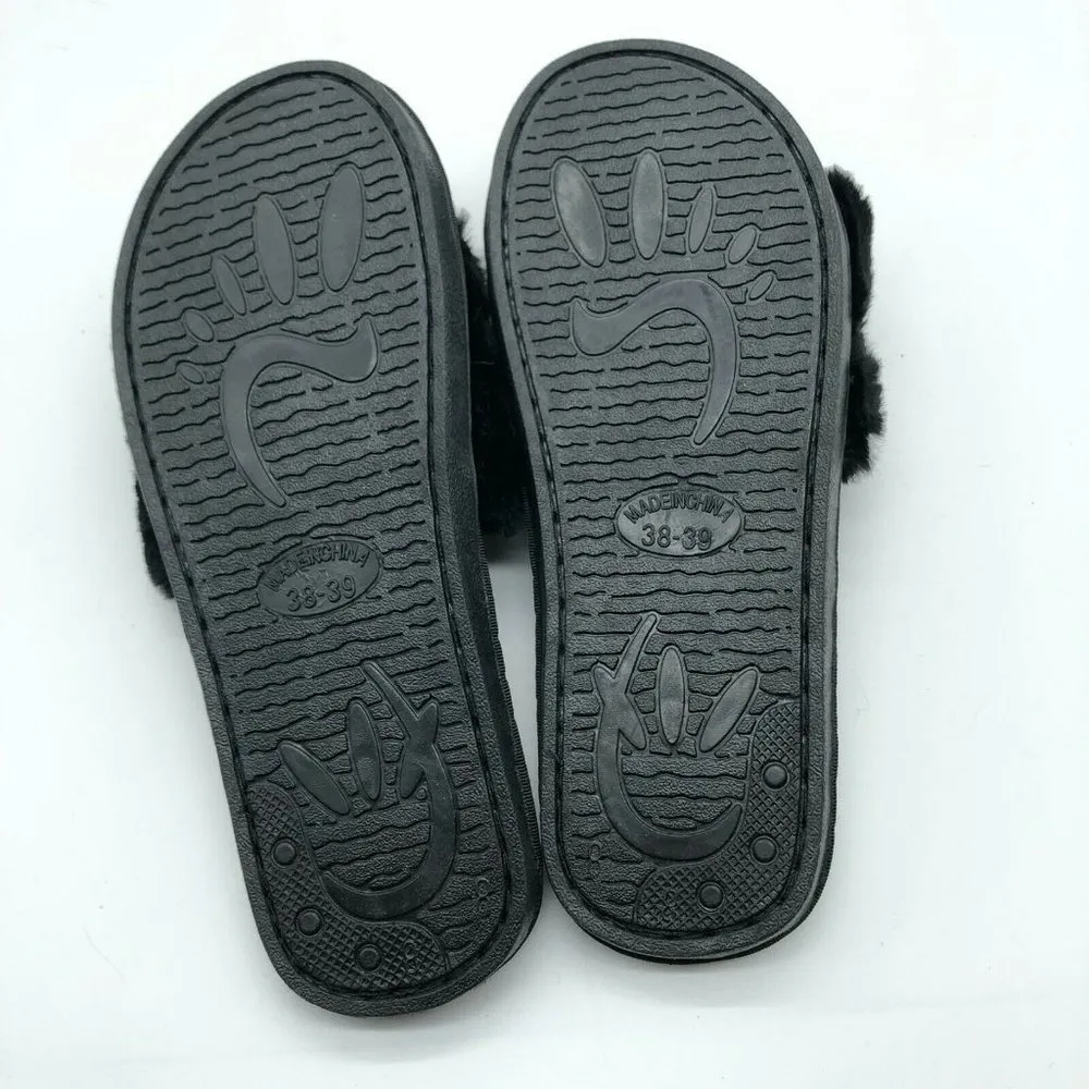 Womens Slide Sandals Faux Fur Pearl Slip On Fuzzy Black Size 38 - Image 4