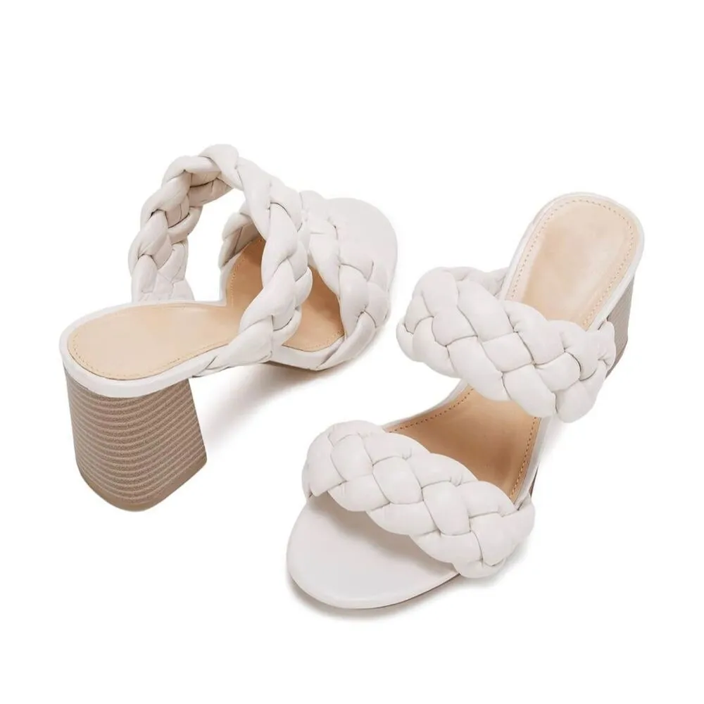 NEW Braided Heeled Sandals Open Toe Backless Chunky Heels Shoes 7 White - Image 3