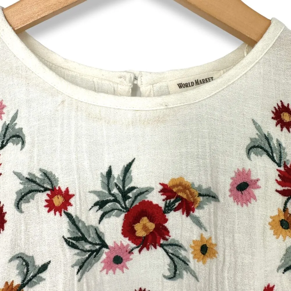 World Market | NWT | S/M Floral Embroidered Soft White Flowy Muslin Like Blouse - Image 3