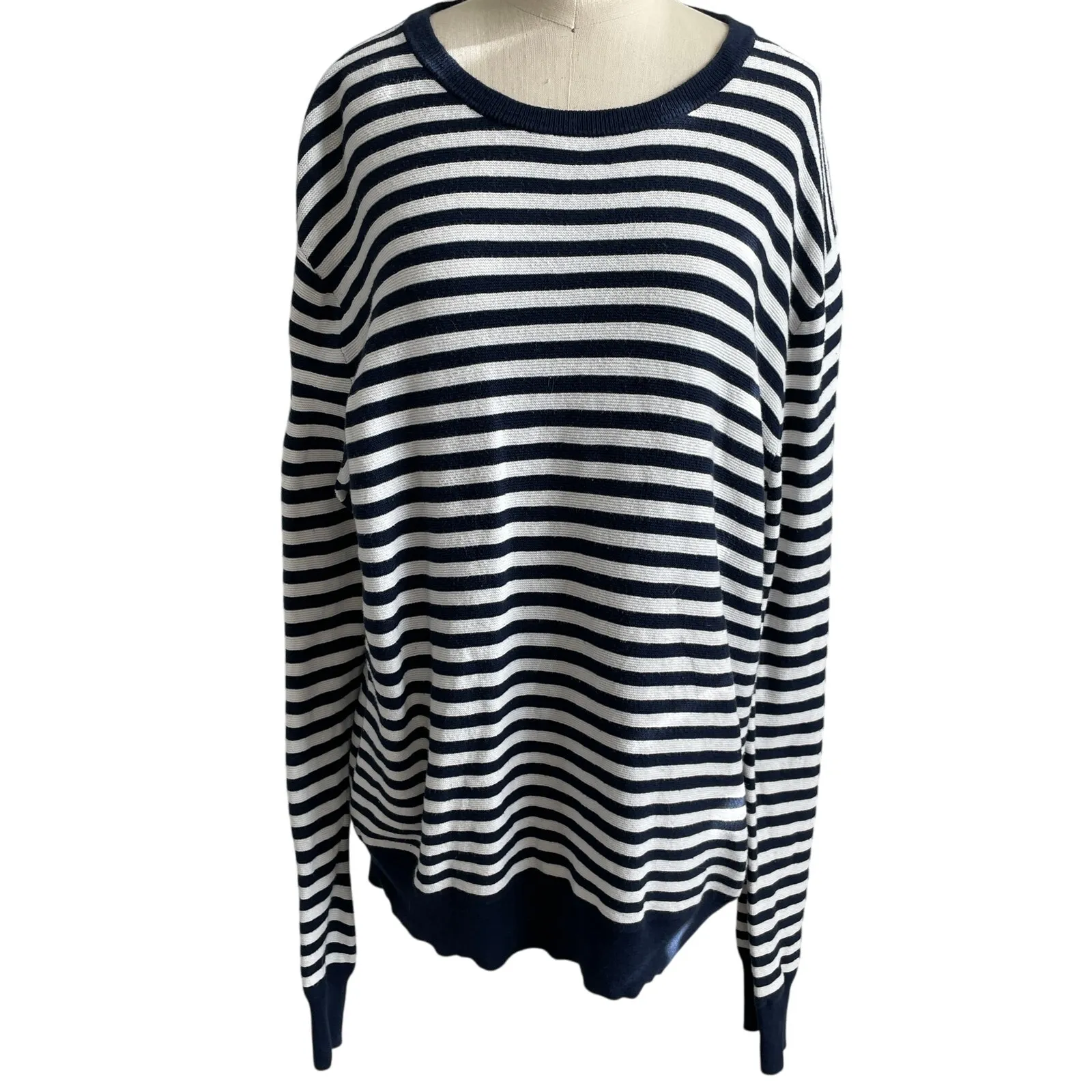 J. Crew Navy White Striped Cotton Sweater Large - Image 2