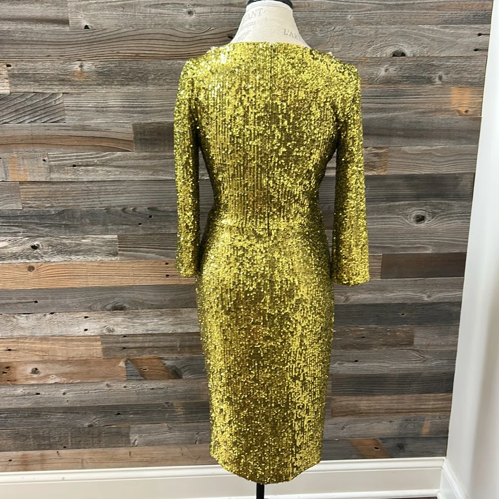 Theia Green Sequin Mesh Faux Wrap MIDI Dress 3/4 Length Sleeve Size 4 NWT - Image 7