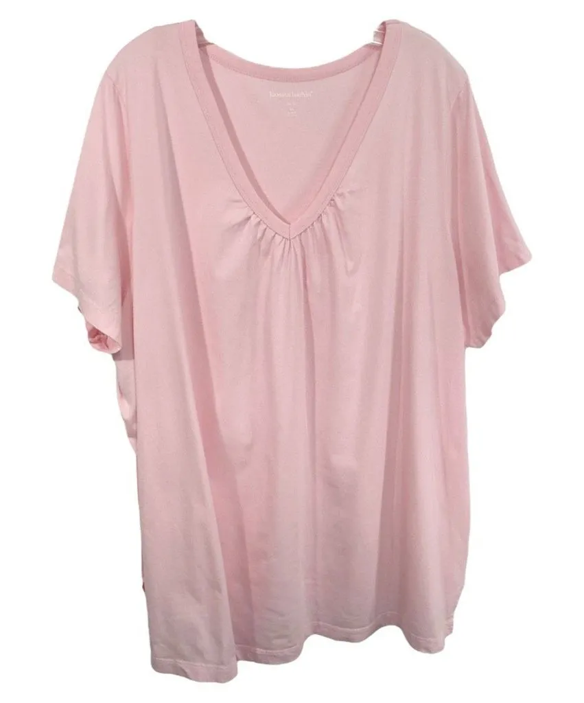 Woman Within Plus Size 3X Top 30 32W Pink Solid V Neck Short Seeve Cotton 823 - Image 1