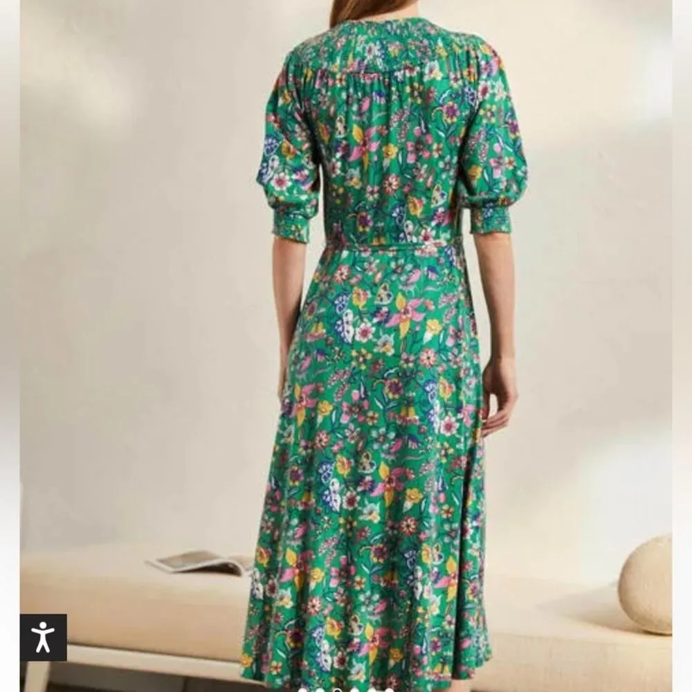 Boden Smocked Neck Jersey Midi Dress Highland Green Floral size 8 No Belt - Image 3